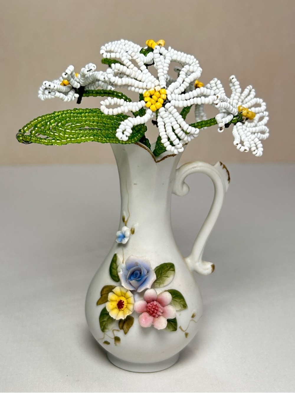 Vintage French Beaded Glass Flower Bouquet Handcrafted Daisies Porcelain Vase